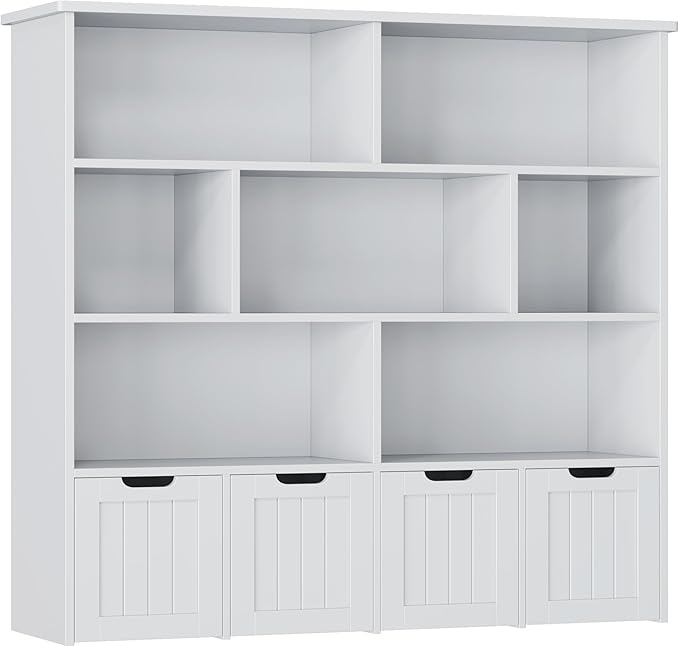 FINETONES Toy Storage Organizer, Kids Bookshelf with 4 Movable Chests and 7 Storage Cubes, Toy Chest Storage Shelf Organizer with Hidden Wheels, Toy Organizers and Toy Storage, Grey