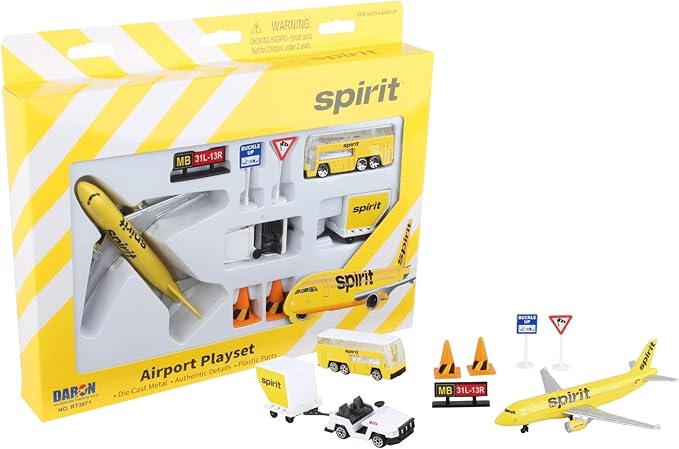 Daron Spirit Airlines Airport Playset with Die-Cast Metal Model Airplane with Plastic Parts, Cars and Transportation Toys for Kids Ages 3+