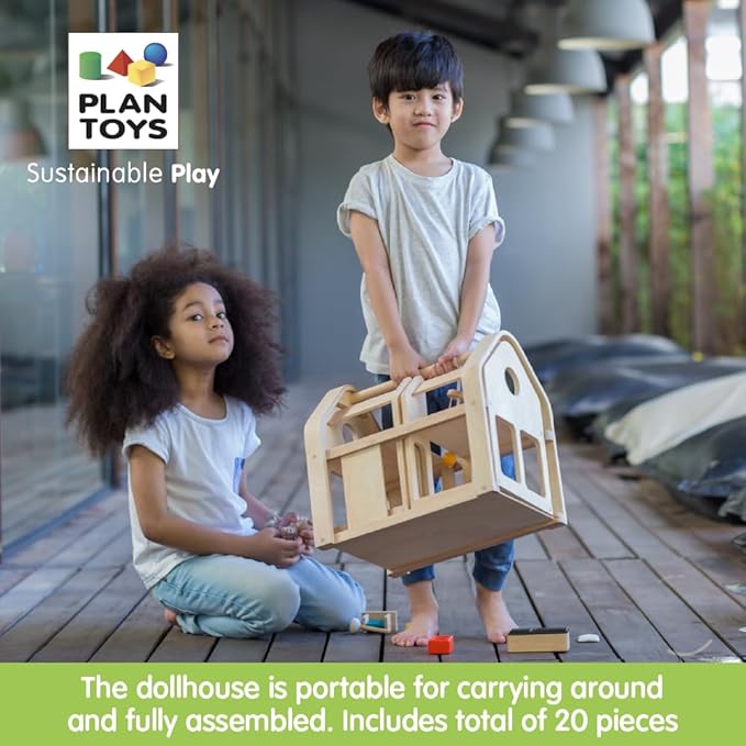 PlanToys Slide and Go Dollhouse - Chemical-Free Wooden Toy Featuring 3 Units with 20 Furniture Pieces