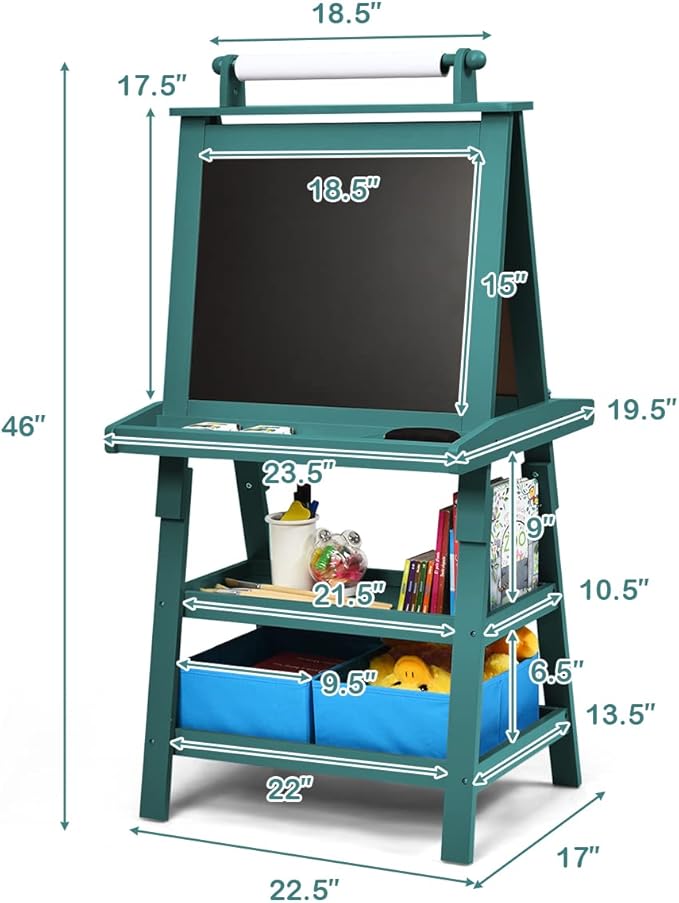 Costzon Kids Art Easel, 3 in 1 Double-Sided Wooden Easel w/Magnetic Whiteboard, Chalkboard & Paper Roll, 2-Tier Rack w/ 2 Storage Boxes, Standing Easel for Kids, Toddlers, Boys, Girls (Blue)