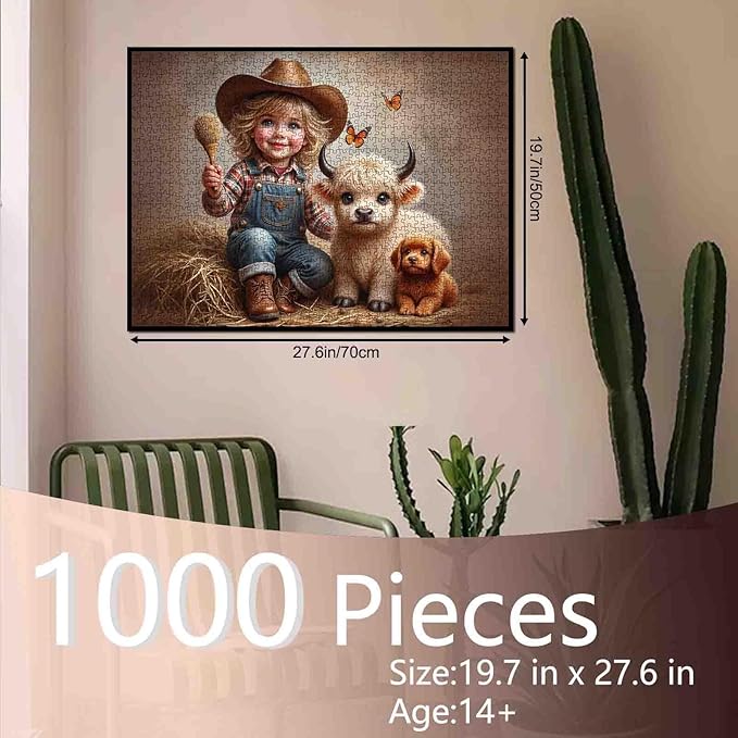 Tucocoo 1000 Piece Jigsaw Puzzle for Adults, Cowboy Farm Scene with Calf, Puppy and Butterflies – Rustic Country Art Puzzles, Relaxing and Whimsical Puzzle for Home Decor and Stress Relief DIY Gifts