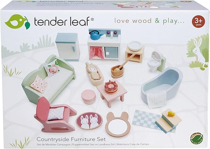 Tender Leaf Toys - Countryside Furniture Set - Fully Furnished Dollhouse Accessories - Bathroom, Living Room and Kitchen All in one, Miniature Pretend Play - Age 3+