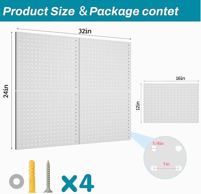 Peg Board,4 Pack Metal Peg Board Panels,White PegBoard Wall Organizer,16"x12" Small Tool Pegboard for Walls,Tools,Garage,Office,Kitchen