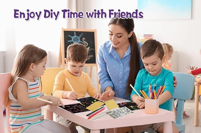 OMTOFUEN 36+9 Scratch Art Paper Kit with Pre-Outlined Template Customizable Paper 4 Follow Boards 8 Scratch Pens 12 Crayons 4 Velvet Clothes for up to 8 Kids Party Gift Birthday Christmas Halloween