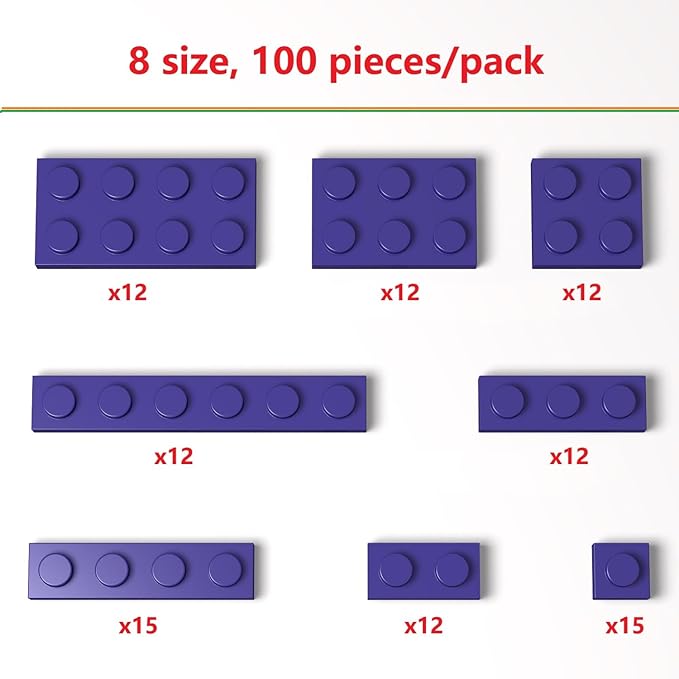 100 Pieces Classic Building Plate Assortment Pack, 8 Sizes Small Baseplates Multipacks, Compatible with Lego Parts and Pieces, Small Plate for Building(Color:Purple)