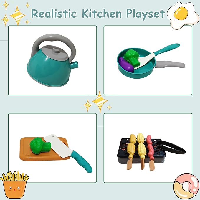 Kids Kitchen Toy Accessories, 61PCS Toddler Pretend Cooking Play Pots, Kitchen Playset, Play Pots, Pans, Utensils Cookware Toys, Play Food Set, Vegetables, Learning Gift for Girls Boys (Green)