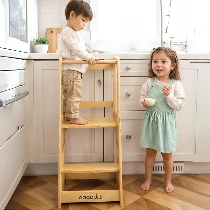 dadada Baby Montessori Toddler Tower - Adjustable Kitchen Step Stool for Kids with Safety Rail - Baby-Safe Finish, Encourages Cooking Skills and Independence - Natural