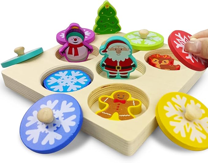 Pinkiwine Christmas Wooden Peg Puzzles Montessori Educational Toys for Kids Toddlers Christmas Toys Christmas Stocking Stuffers Gifts