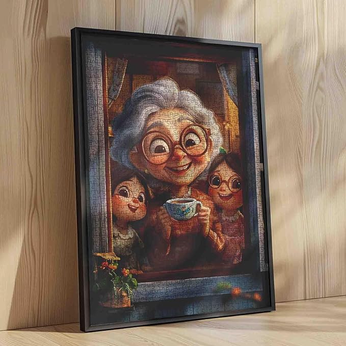 Grandma's Drinking Coffee On The Windowsill 1000 Piece Jigsaw Puzzle for Adults Students Two Cute Little Girl Granddaughters 20×27 Inches Puzzles Unique Art Gift Home Decor Fun Family Activity