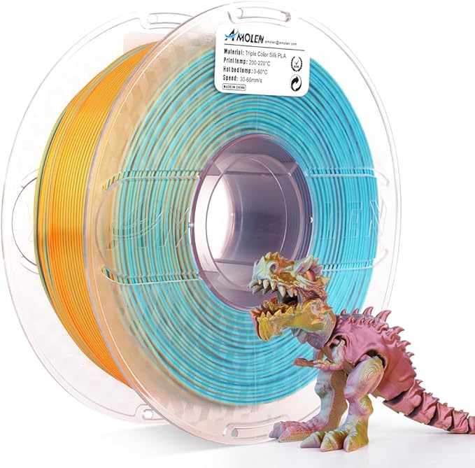 AMOLEN Silk PLA 3D Printer Filament, Tri Color Coral Gold Turquoise PLA 1.75mm, Shiny Multi Color Change Filament 3D Printing PLA Filament for Most FDM 3D Printer, 1kg Spool(2.2lbs)