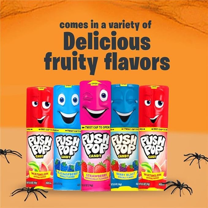 Push Pop Halloween Candy Variety Pack, 24Ct Bulk Individually Wrapped Lollipops for Party Favors in Assorted Flavors, Full Size, Fun Hard Candy For Birthday, Trick or Treat, Halloween Bowls, Gifts