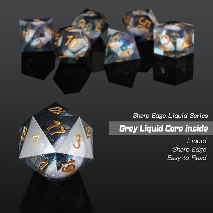 DNDND Liquid Sharp Edge DND Dice, A Full Set of Liquid D&D Die with Gift Case for Dungeons and Dragon Game (Grey Liquid)