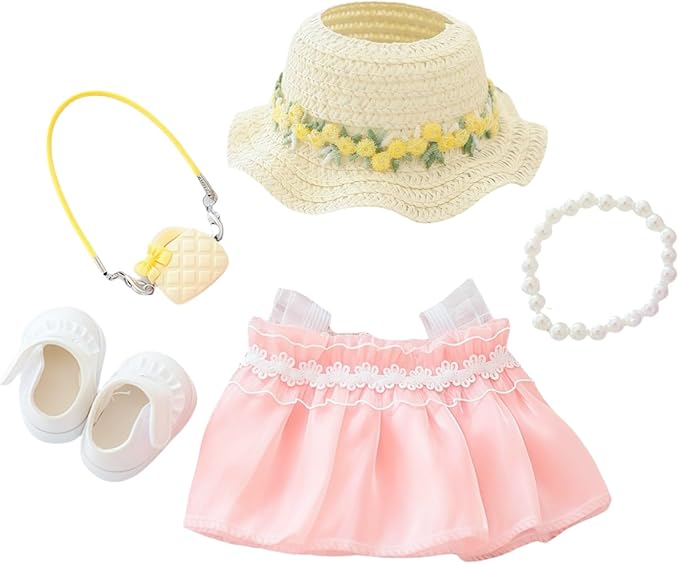 Clothes for Dolls Accessories, Outfit Set 5 Pieces Gauze Dress for 15cm 17cm Doll (No Doll), Romantic Hat Skirt Shoes Doll Clothing Set Replacement Pink