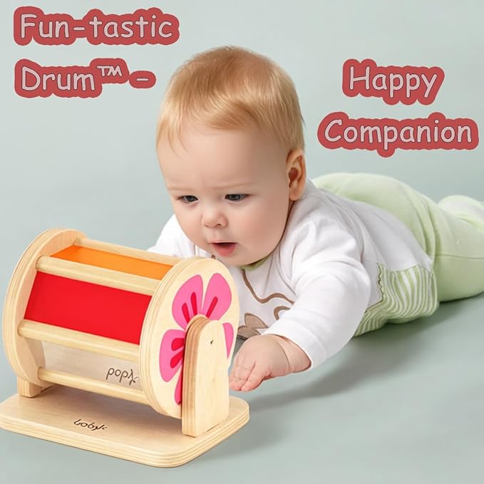 Dailyfunn Montessori Toys Wooden Spinning Drum Tummy Time Floor Mirror Toy for Babies Toddlers 1-3 Years Old