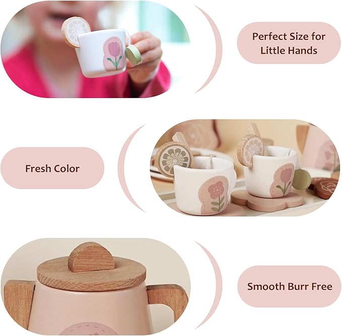 Wooden Tea Set for Little Girls, Pretend Play Tea Party Set Toy with 27 PCS Play Kitchen Accessories, Princess Tea Set Toy, Birthday Gift for Kids 3-5 Years Old, Improve Imagination