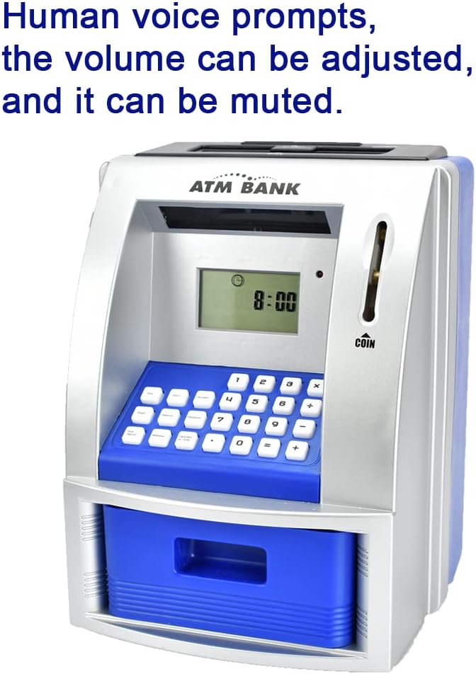 ATM Piggy Bank for Kids, Electronic Money Bank with Coin Counter, Goal Tracker, Password & Card, Auto Bill Intake with Voice Prompts – Compact Savings Gift for Boys & Girls Ages 6–12 (Blue)