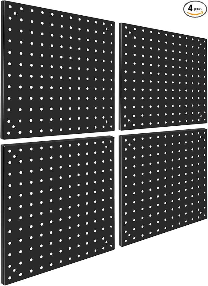 Peg Board,Steel Organization Panels, Ideal for Garage Tool Storage, Office Organization, Craft Room, Kitchen,Pack of 4 (Black, 4-12X12)