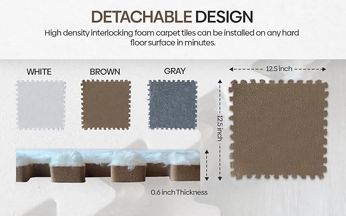 16 Piece Carpet Squares Puzzle Mat 49" x 49" Plush Interlocking Carpet Tiles, Foam Floor Tiles for Baby Play Mat - Kids Soft Play Mats Anti Slip Jigsaw Flooring Playmat Playroom Rug (Brown,Gray,White)