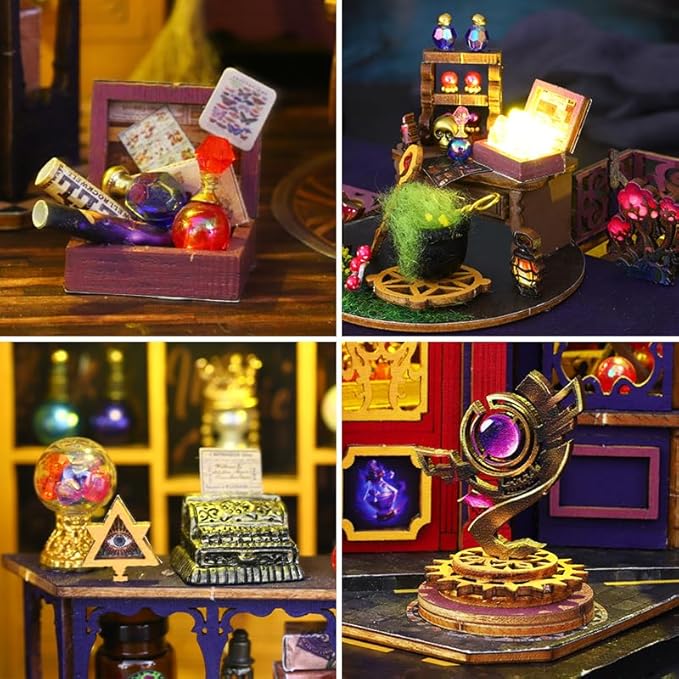 DIY Book Nook Kit - DIY Miniature Dolls House Kit with Furniture and LED Light, 3D Puzzle Wooden Art Bookends, Model Kits for Adults to Build (Magic Energy Station)