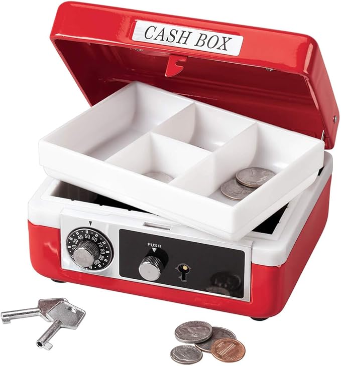 Custom Children’s Cash Box, Metal Piggy Bank Lockbox with Coin Slot, Red