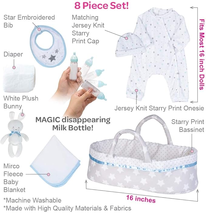 ADORA Adoption Babies Essentials Gift Set with Doll Clothes, Milk Bottle, Diaper, Bassinet, Bib and Micro-Fleece Blanke, Birthday Gift for Ages 3+ - Sweet Star