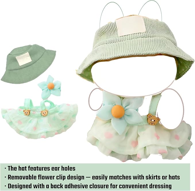 Clothes for 17cm Doll (Clothes Only) – 3-Piece Outfit Set with Hat, Green Dress and Flower Accessory for an Adorable Dressed-Up Look – 17cm Doll Accessories