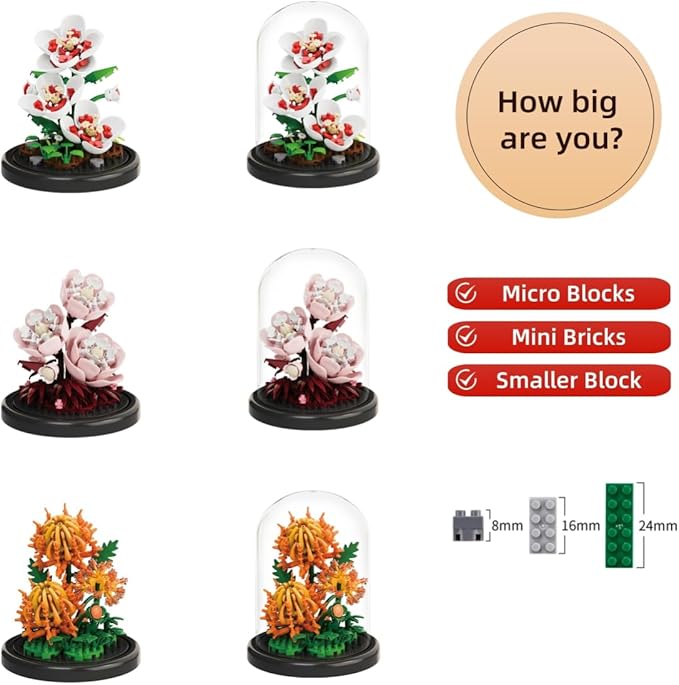 Creative Botanical Micro Blocks Set with Display Cover- 550PCS Artificial Chrysanthemum, Peony and Hibiscus, Perfect DIY Gift for Adults, Teens and Flower Lovers