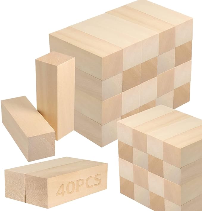 RHBLME 40 PCS Basswood Carving Blocks, 4" x 1" x 1" Unfinished Wood Blocks for Carving, Wooden Cubes Soft Solid Wooden Basswood for Wood Carving Beginners or Expert Carvers and Whittling