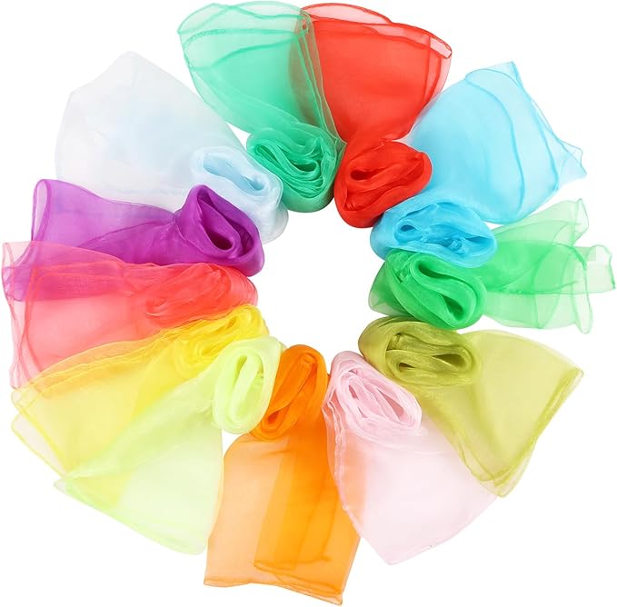 KIMOBER 12PCS Square Dance Scarves,12 Colors Juggling Silk Magic Tricks Music Movement Scarf Props for Kids Toddlers Children(24in × 24 Inches)