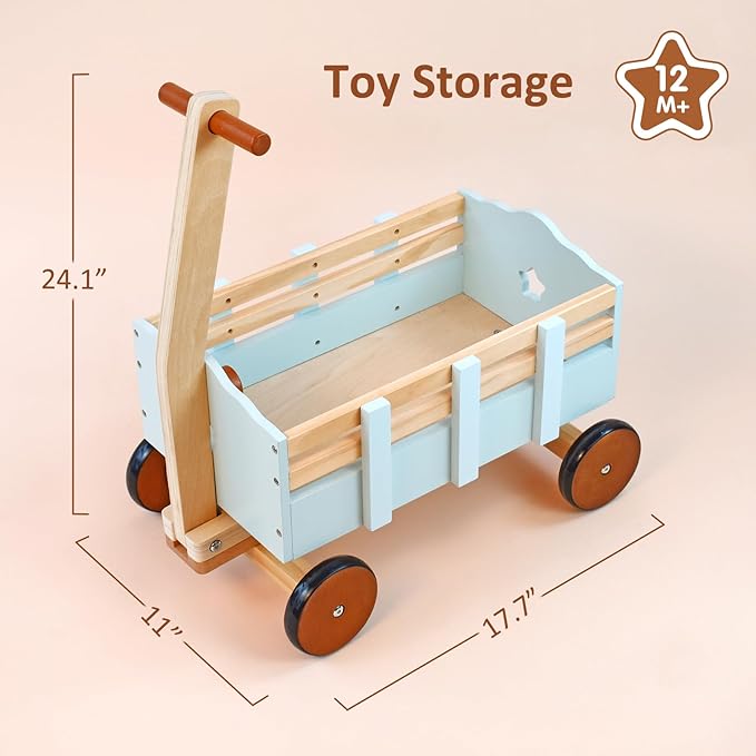 PairPear Kids Wagon Toy,Wooden Toys Cargo Walker Cart Wagon Stroller,Toddler Push and Pull Baby Walker Gift for Babies Boys and Girls