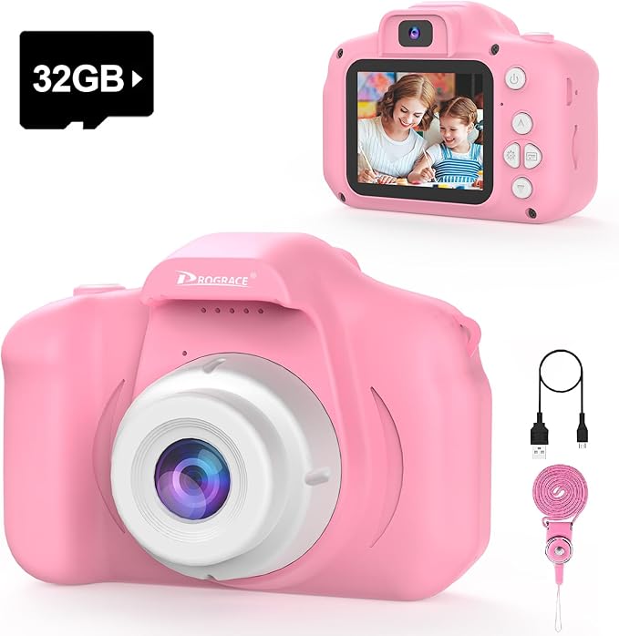 PROGRACE Digital Camera for Kids, 40MP FHD 1080P Toddler Camera with 4-16X Zoom and Anti-Shake, IPS HD Screen, Birthday Toys for Girls and Boys Ages 3-12 - Pink