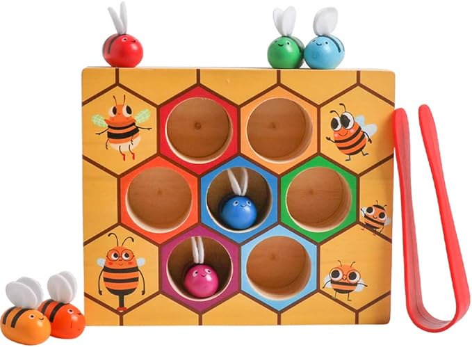 Toddler Fine Motor Skill Toy, Clamp Bee to Hive Matching Game, Montessori Wooden Bee Hive Toys, Wood Color Sorting Puzzle Early Learning Preschool Educational Gift for 3 4 5 Years Old Kids