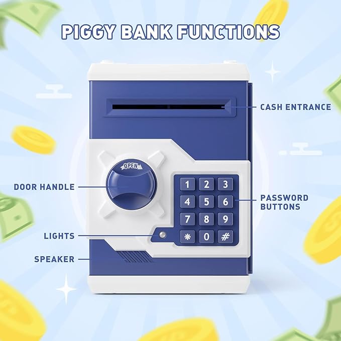 Piggy Bank for Girls Boys Large Electronic Money Coin Banks with Password Protection, Automatic Paper Money Scroll Saving Box, Great Gift for Kids(Blue-White)