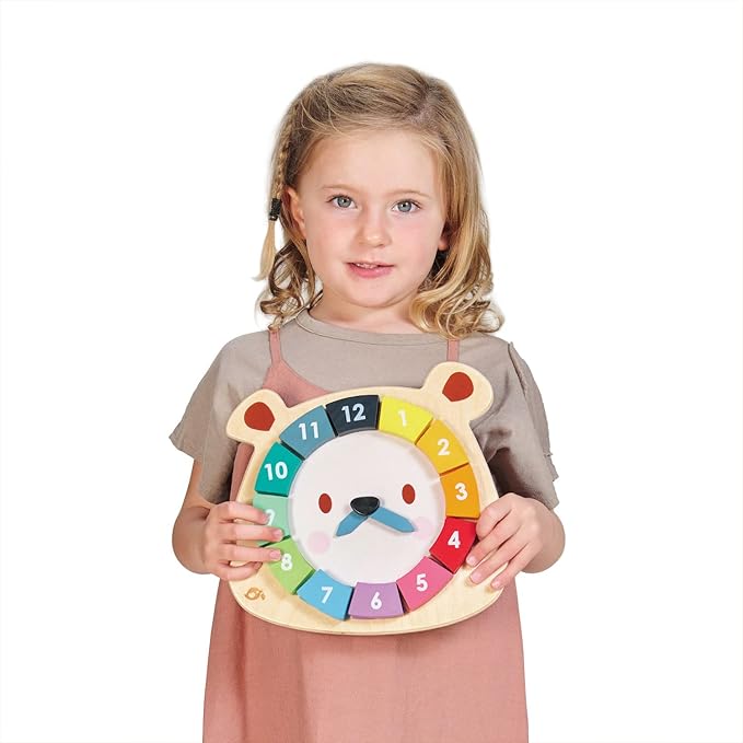 Tender Leaf Toys - 12 Pcs Bear Colors Clock, Early Learning Time, Educational Learning Clock Toy - Wooden Clock, Lovely Shapes - Cognitive Toy for Kids