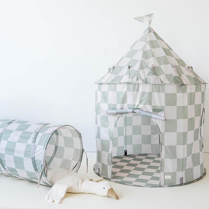 3 Sprouts Kids Play Tunnel - Pop Up Collapsible Tunnels with Recycled Fabric - Fun Crawling Tunnel for Toddler, Baby, Children to Crawl Through, Gross Motor Toy for Indoor Play - Checkered Green