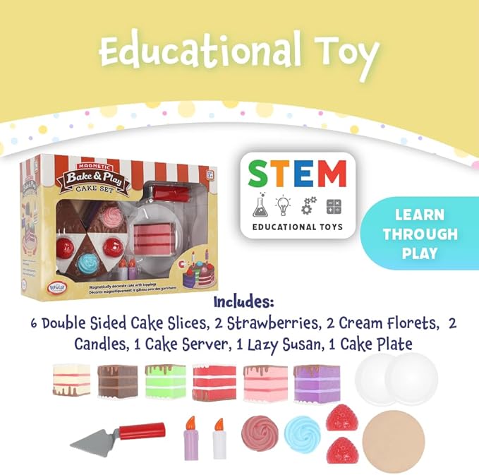 Popular Playthings Magnetic Bake & Play Cake Set, 16pc Educational Toddler Play Food Toy for Ages 3+