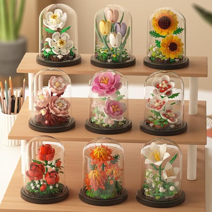 Botanical Flower Micro Blocks Set with Display Cover for Adults and Teens,600 PCS Mini Bricks Artificial Flowers for Birthday and Gift Idea for Significant Other, Lily,Sunflower and Tulip