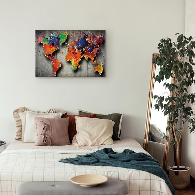 artgeist Canvas Wall Art World Map 35x24 in - 1pcs Home Decor Framed Stretched Picture Photo Painting Artwork Image - Map Worldmap Continents Grey Colorful k-A-0507-b-a