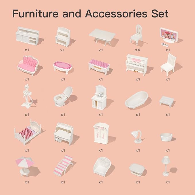 ROBUD Wooden Dollhouse for Kids Girls, Toy Gift for 3 4 5 6 Years Old, with Furniture