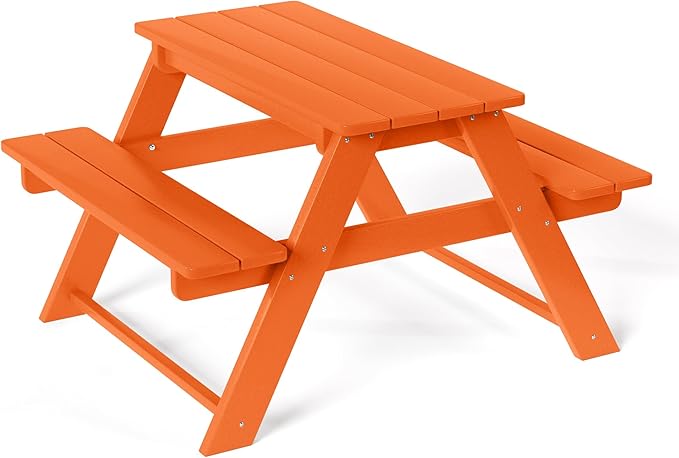 Costaelm Kids Picnic Table, HDPE All Weather Outdoor Toddler Picnic Table and Chair Set Kids Bench for Patio, Backyard, Garden, Lawn, Orange
