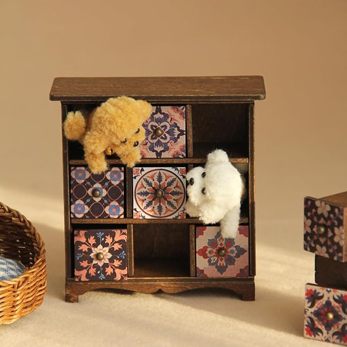 1:12 Scale Wooden Dollhouse Furniture Chest of Drawers 3x3 Grid 9-Drawer- Miniature Chest of Drawers with Hand-Painted Bohemian Persian Florals Gift for 3+ (Dark Brown)