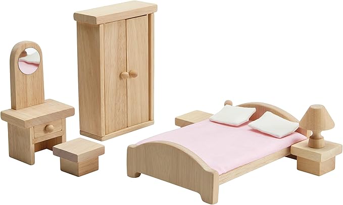 PlanToys® Classic Dollhouse Bedroom Furniture Set | Eco-Friendly Wooden Dollhouse Accessories for Kids | Includes Bed, Closet, Vanity, Chairs & Lamp | Pretend Play Montessori Toy