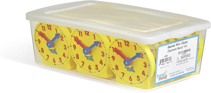 hand2mind Plastic Rainbow Fraction Tiles + Mini Geared Clock for Learning to Tell Time (15 Sets of 51 Pieces + Set of 24)