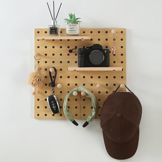 Beige Wood Pegboard Modular Display Wooden Pegboard Combination Wall Organizer Storage Wall Hooks Shelf for Home, Office, Bathroom, Comes with 2 Pieces Pegboards