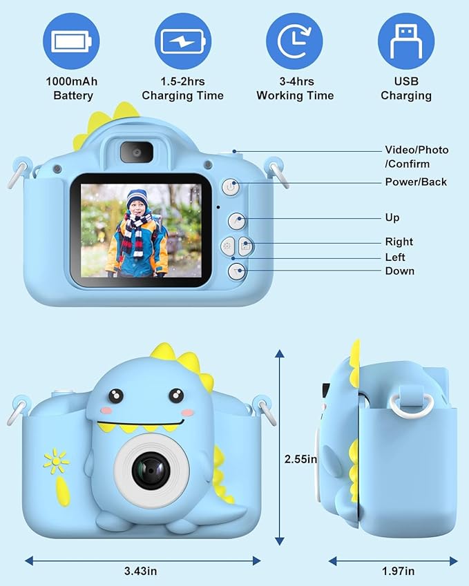 Dinosaur Kids Camera Toys, Birthday Graduation Gifts for Girls Boys 3-12, 1080P HD Selfie Digital Video Camera for Toddlers,Travel Gifts Dino Toys for 4 5 6 7 8 9 Years Old (Blue)