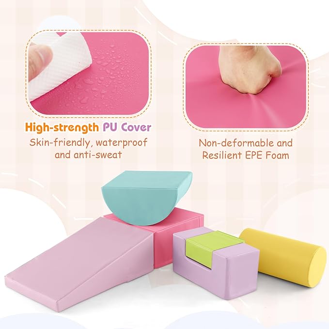 Costzon Toddler Climbing, 6 Pieces Climb and Crawl Playset with PU Cover for Baby Crawling, Climbing & Walking, Indoor Foam Climbing Blocks for Toddlers 1-3, Light Pink