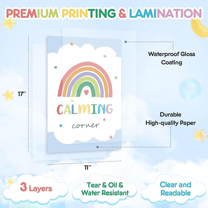 SEOIFUNG 12PCS Calming Corner Classroom Posters (11x17), Emotions Chart Feelings Wheel Calm Down Corner Supplies, Mental Health Therapy Office Wall Decor for Preschool Kids Teacher