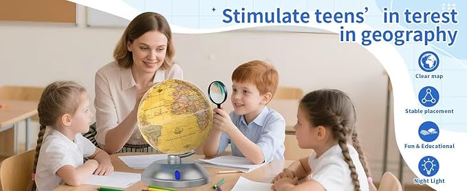 360° rotating globe, independently supported by a beautiful silver plastic base with a switch, 9-inch design, built-in LED night light, color high-definition visual map details, children's geography education, study and office decoration, living room d...
