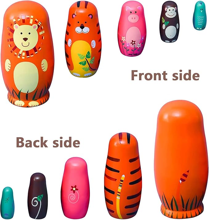 Conzy Russian Nesting Dolls for Kids, Stacking Wooden Handmade Matryoshka Dolls, 5 Piece Cute Cartoon Animal Pattern, Great Toy Gift for Girls Boys' Birthday or Home Decoration (Orange)