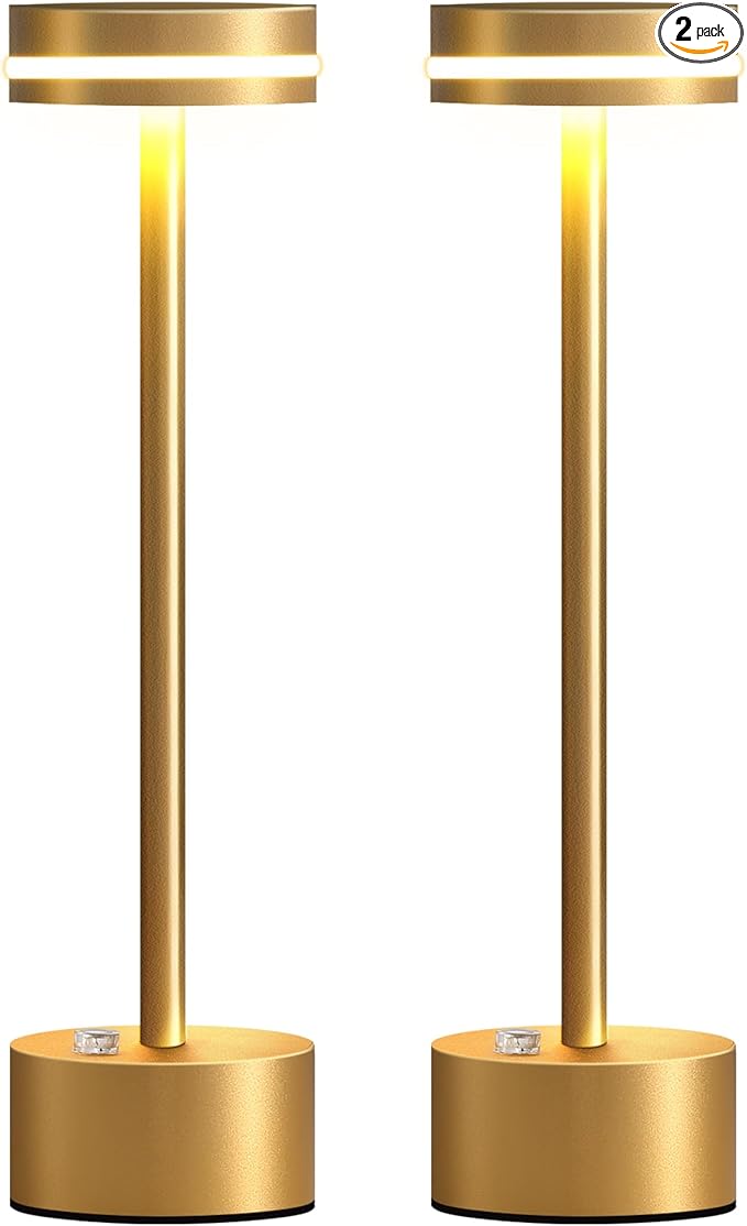 PUSU Cordless Table Lamp Set of 2, Battery Powered LED Desk Lamp Portable Table Lights 3-Level Brightness Touch Control, Lighting for Home Office Bedroom Hotel Restaurant Outdoor Night Light(Gold)
